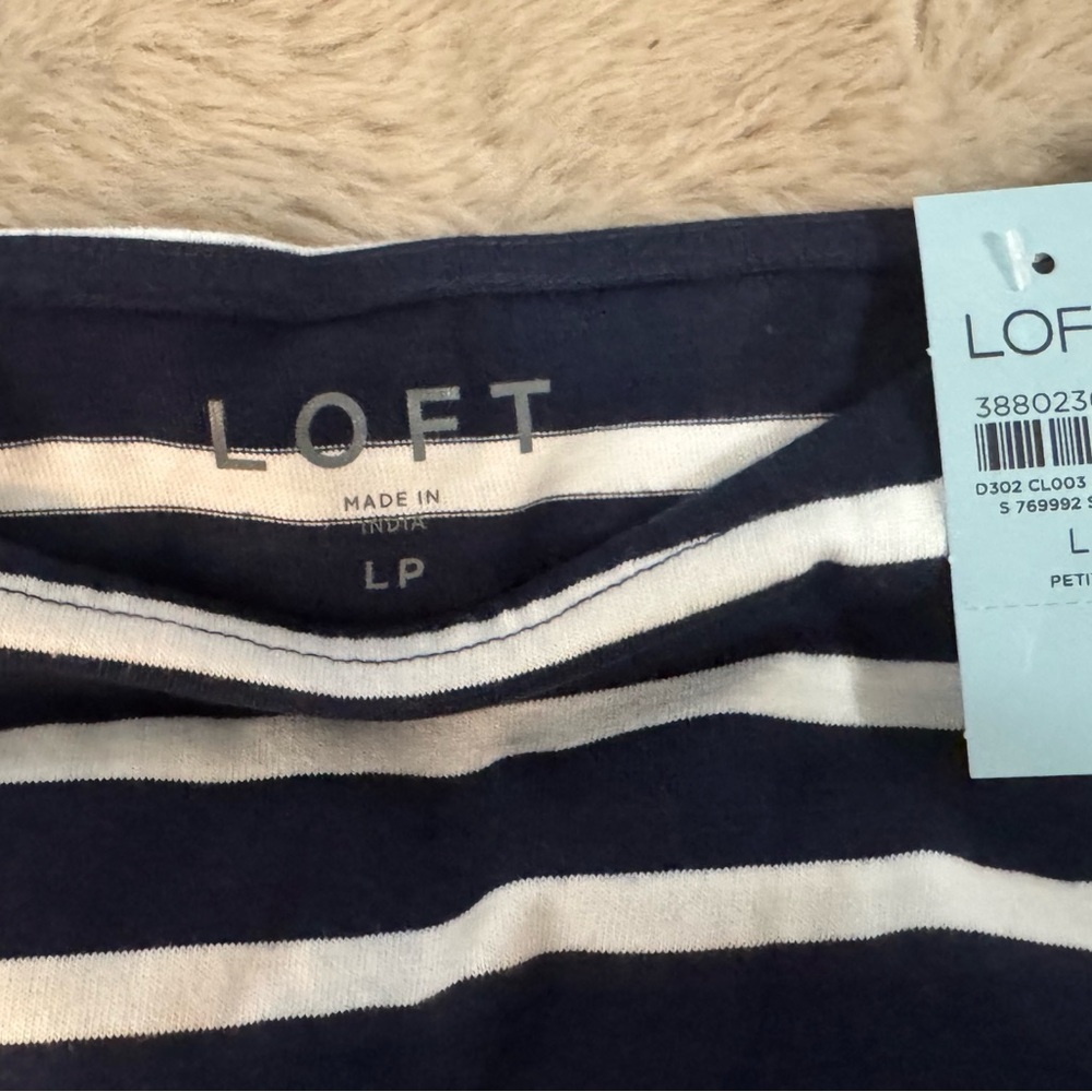 NWT LOFT Striped Boatneck Tee - Navy & White Breton Stripe - Size Large Petite